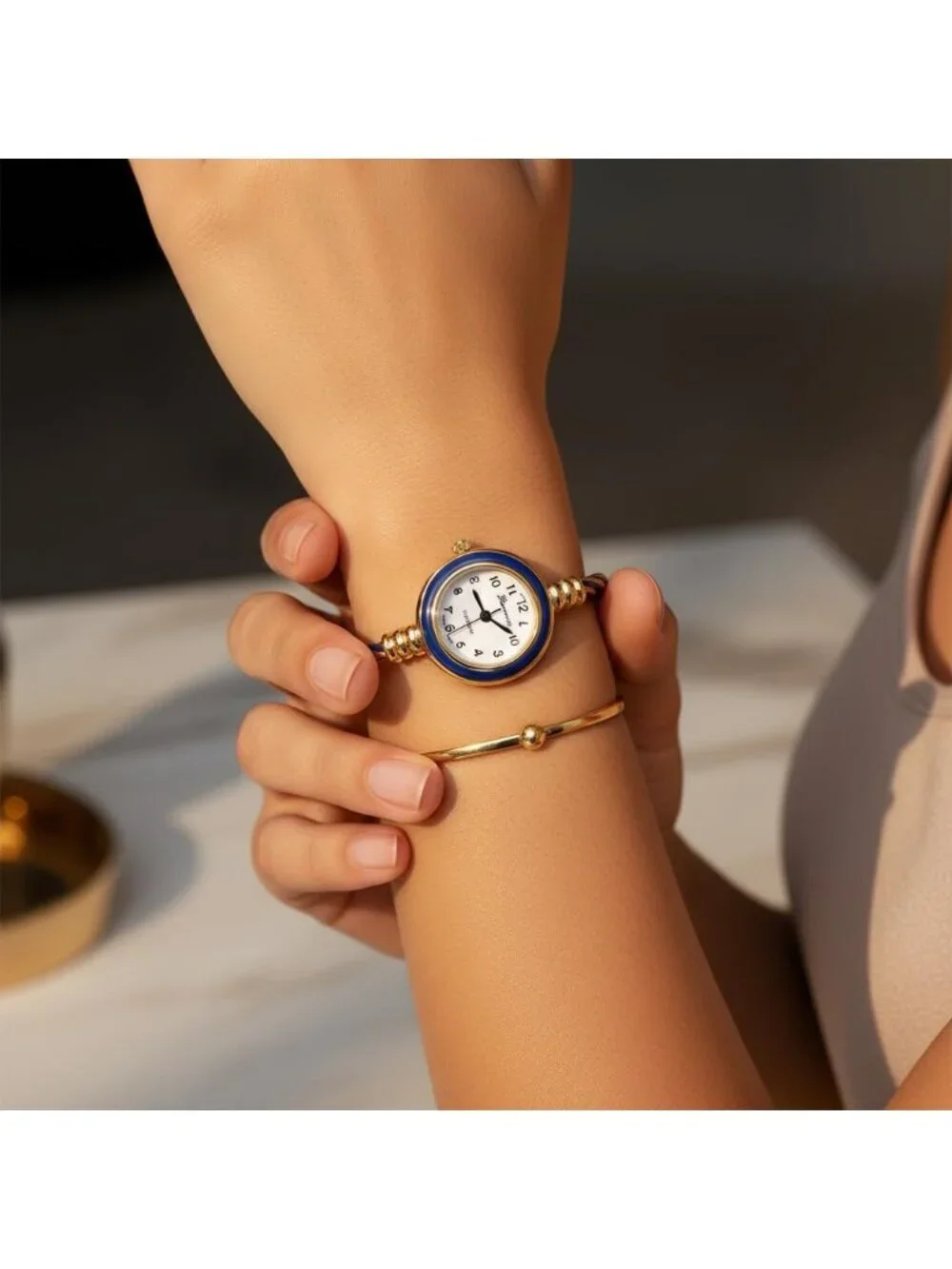 Women's Gold Blue Analog Quartz Elegant Cable Cuff Arabic Numbers Bracelet Watch